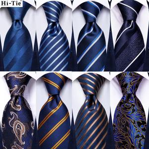 하이-넥타이 실크 망 비즈니스 넥타이 스트라이프 네이비 블루 웨딩 넥타이 남성용 품질 Hanky ​​Cufflink 파티 패션 디자이너 도매