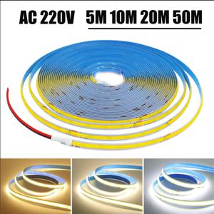 5M 10M 20M 50M/롤 COB 스트립 AC 220V 240Leds/M IP20 3000K 4000K 6000K 드라이버 빌드 홈 장식 유연한 리본 로프 LED 조명
