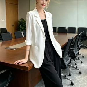 여성용 흰색 3/4 소매 블레이저 우아한 오피스 비즈니스 정장 재킷 루즈핏 포켓 포멀 워크웨어 여성 캐주얼 O