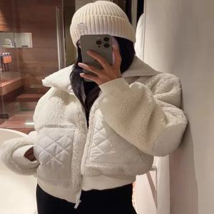 세련된 두꺼운 양털 자켓 여성용 시크한 스탠드 칼라 캐시미어 롱 코트 파티클 플리스 스플라이싱 아우터웨어