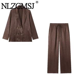 NLZGMSJ 2026 봄 여성 세트 와이드 레그 팬츠 주름 효과 오버사이즈 오피스 자켓 코트 루즈 블레이저 슈트 OL 의상