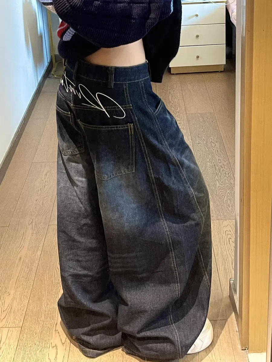 캐주얼 여성 Y2K 루즈핏 배기 진 블루 워싱 하이 스트리트 빈티지 카고 팬츠 와이드 레그 오버사이즈 트라우저 y2k 팬츠