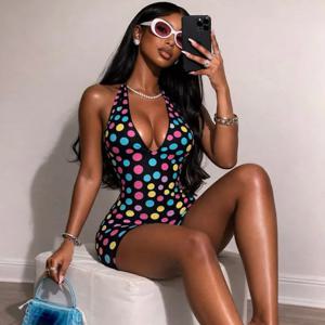 Doyerl 폴카 도트 여성용 짧은 점프 슈트 여름 옷 2026 홀터넥 V 넥 백리스 민소매 스키니 원피스 Playsuit Mono