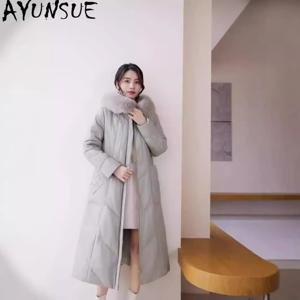 AYUNSUE 양가죽 정품 가죽 자켓 여성 따뜻한 여우 모피 칼라 롱 스타일 겨울 의류 패션 다운 코트 여성 후드