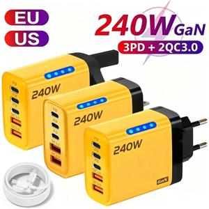 5 in 1 GaN 데스크탑 충전기 아이폰17 16Pro 노트북 삼성 240W 고속 충전 어댑터 USB C 타입-C 케이블 3PD 2USB 충전기