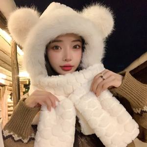 귀여운 겨울 곰 귀 후드 스카프 따뜻한 양털 넥 워머 모자 방풍 귀 보호 통합형 캡 스카프 야외용