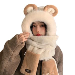 새로운 두꺼운 모자 스카프 장갑 세트 귀여운 토끼 귀 사슴뿔 여성 비니 모자 겨울 따뜻한 일체형 모자 스카프 가을 겨울