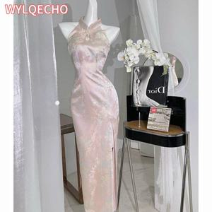 레트로 치파오 슬릿 섹시한 중국 스타일 핑크 Qipao 드레스 여성 우아한 데일리 드레스 의상