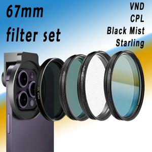 67mm 필터 세트 폰 렌즈에는 가변 ND 필터, CPL 스타 블랙 소프트 필터, 아이폰 스마트폰 및 휴대폰용 금속 클립이 포함되어 있습니다.