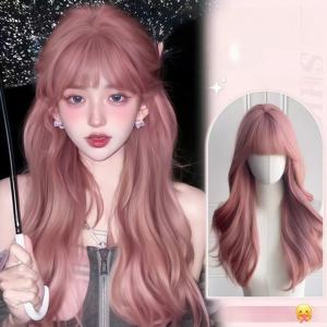 28인치 길이의 컬이 들어간 핑크색 가발, 앞머리 포함, 내열성 합성 섬유 사용, 여성용, 코스프레, 파티, 일상용으로 적합