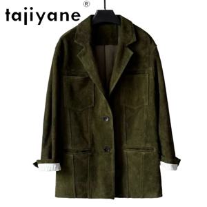 TAJIYANE 정품 가죽 자켓 여성용 스웨이드 염소 가죽 코트 여성용 중간 길이 자켓 블레이저 오버코트 한국 자켓