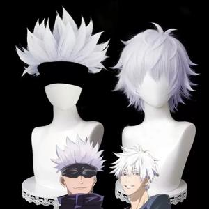 HAIRJOY ​​합성 머리카락 Jujutsu Kaisen Gojo Satoru 코스프레 가발 짧은 곱슬 흰색 코스프레 가발 로즈 네트