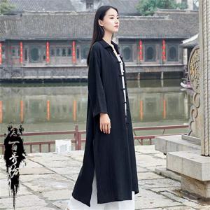 전통 쿵푸 카디건 중국 빈티지 코튼 린넨 롱 드레스 여성 캐주얼 루즈 긴팔 드레스 봄 데일리룩