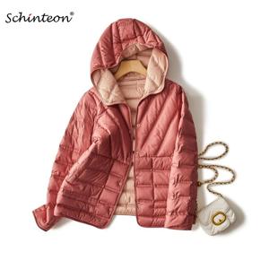 Schinteon-밝은 흰색 오리털 후드 자켓 코트 여성용, 양면 착용, 캐주얼, 심플, 고품질, 아웃웨어, 2023 년 신상품
