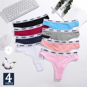 FINETOO 4 개/대 여성 섹시 코튼 끈 팬티 여성용 스포츠 브랜드 문자열 속옷 여성 Soft Coton Tangas Woman Thong Tanga
