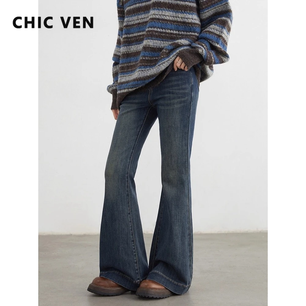 CHIC VEN 여성용 청바지 신상 하이웨이스트 약간 플레어 슬림 여성 데님 팬츠 블루 여성 바지 가을 겨울 2025