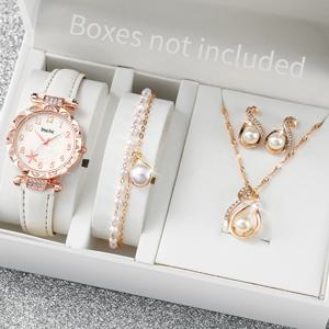 5/6PCS 패션 라인스톤 여성용 시계 캐주얼 가죽 밴드 쿼츠 시계 여성용 시계 쥬얼리 세트 Reloj Mujer(상자 없음)