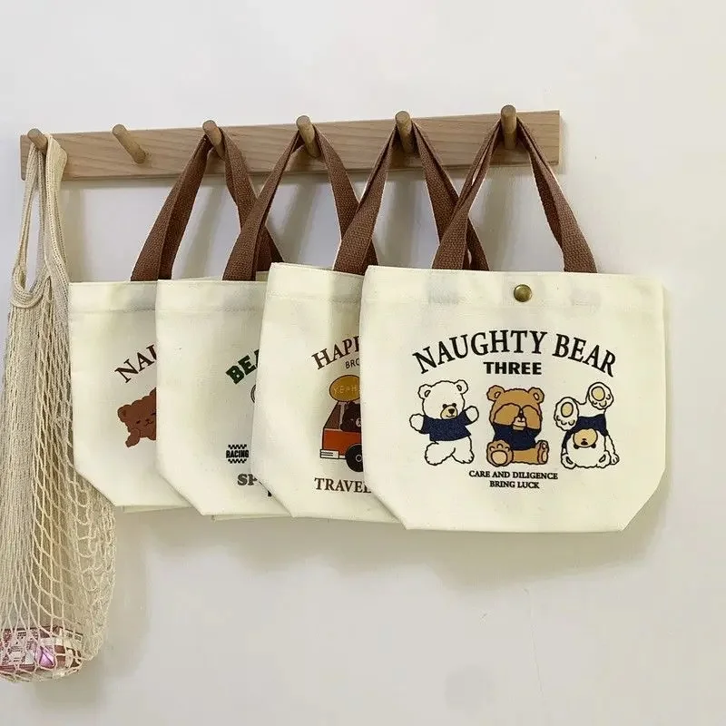 귀여운 곰 캔버스 미니 핸드헬드 토트 백 여성 휴대용 점심 가방 작은 학생 학교 핸드백 이상적인 선물 가방