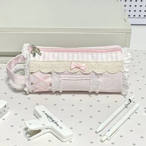 핑크 소녀 귀여운 레이스 연필 케이스 학생 대용량 데스크탑 보관 문구 펜 가방 귀여운 소녀 메이크업 가방 선물