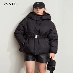 AMII 미니멀리스트 2024 여성용 겨울 다운 재킷 신축성있는 벨트 분리형 슬리브 여성 따뜻한 두꺼운 후드 겉옷 12444052