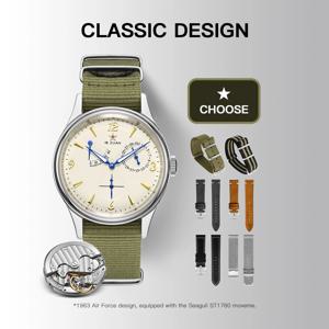 Seagull Mens 1963 파일럿 시계 40mm ST1780 자동 기계식 무브먼트 사파이어 크리스탈 레트로 스타일 방수 50m