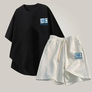 【 M-8XL 】 루즈핏 대형 사이즈 할인 세트 데일리 에디션 후지산 프린트 티셔츠 드로스트링 반바지 청소년 캐주얼 세트