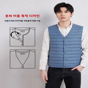 남성용 경량 브이넥 다운 베스트 보온 내의 대형 사이즈 여행용품 오리털 충전 얇은 폴리에스터 원단
