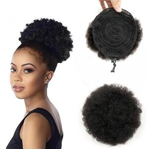 흑인 여성 4 6 8인치를위한 업도 확장에서 곱슬곱슬한 인간 머리 포니테일 AFRO KINKY PUFF DRAWSTRING 높은 번머리 조각 클립