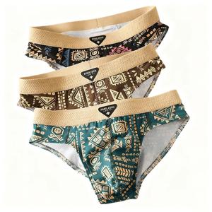 3Pcs 남성용 코튼 팬티 레트로 에스닉 스타일 프린트 속옷 부드러운 통기성 미드 라이즈 팬티 편안한 스트레치 데일리 팬티