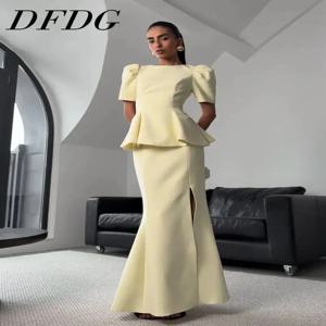 DFDG 여성 2026 봄 여름 투피스 퍼프 소매 페플럼 블라우스 하이 웨이스트 슬릿 머메이드 스커트 우아한 정장 이브닝 세트