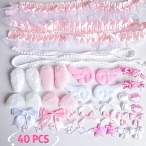 40개 레이스 수제 재료 키트, 레이스 플러시 토끼 귀, 천사 날개 액세서리, 의류 액세서리, 하트 및 별 장식