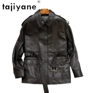 TAJIYANE 정품 가죽 자켓 여성용 반식물성 가죽 양가죽 짧은 가죽 트렌치 코트 레트로 여성용 겨울 코트 Косуха