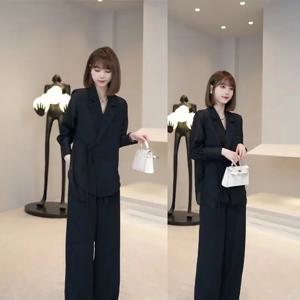 연예인 레이디수트 스타일 상의 및 바지, 밝은 실크 장식 커버, 레저 통근 패션, 템퍼러먼트