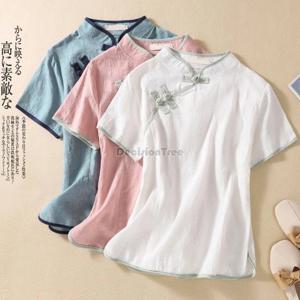 2026 중국 고대 당나라 스타일의 면 린넨 탑, 개선된 데일리 레트로 치파오 탑, 스탠드 칼라 사선 버클 블라우스