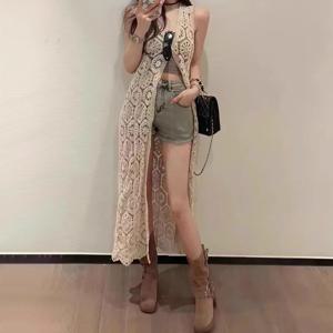 롱 라인 크로 셰 뜨개질 카디건 버튼 프론트 민소매 쉬어 오픈 니트 롱 커버 업 자켓 여성 여름 해변 휴가 복장