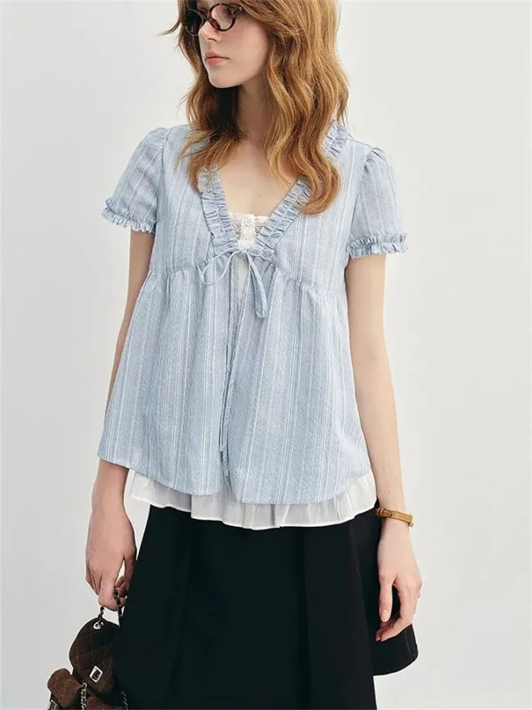블루 여름 여성용 irt V-ne Puffy Sve Loose Faionable ort-sved Knot Top Korean Sle Sweet Loose