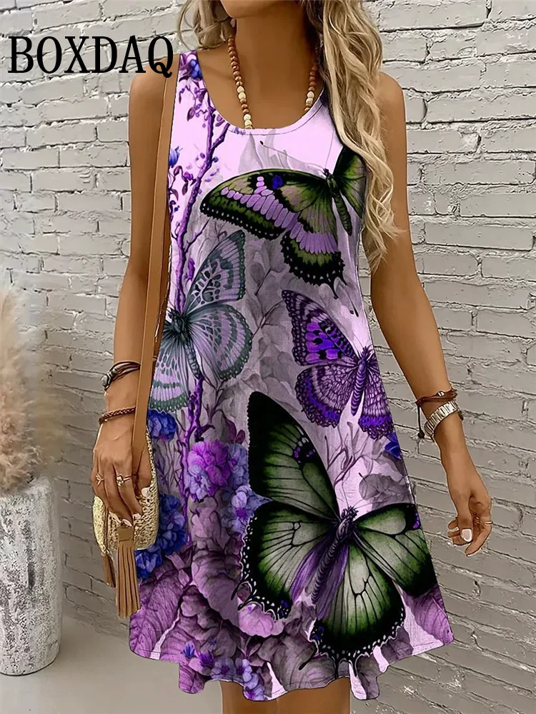 여성을위한 드레스 2025 여성 휴가 해변 여름 조끼 나비 꽃 루즈 드레스 Sundress 캐주얼 3D 인쇄 민소매 드레스
