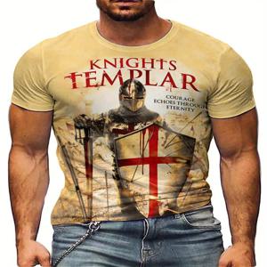 Knights Templar 3D 프린트 남성용 티셔츠 - 부드럽고 편안한 폴리에스테르 원단, 반소매, 크루넥, 기하학 패턴,