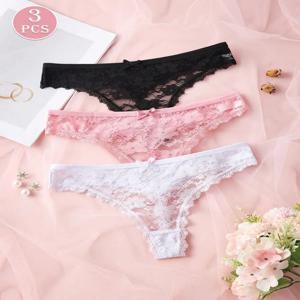 3Pcs 섹시한 레이스 여성 끈 팬티 투명한 여성 팬티 섹시한 속옷 솔리드 꽃 G-스트링 사이즈 XS-XL 여성 속옷 란제리