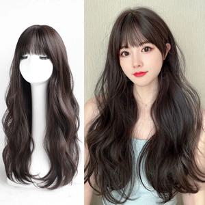 패션 롱 컬리 헤어 합성 가발 여성용 롱 헤어 빅 웨이브 에어뱅 넷 레드 같은 스타일의 고온 실크 가발