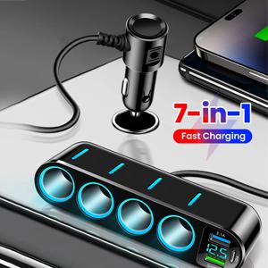 66W 다기능 디지털 디스플레이 차량용 고속 충전기 USB/타입 C 충전 어댑터 1구 4분할 시거잭 소켓 분배기