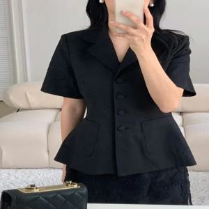 우아한 한국 복고풍 정장 재킷 여성용 반팔 슬리밍 허리 디자인 싱글 버튼 아우터 여름 새로운 스타일 탑