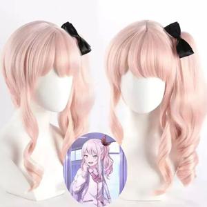 HAIRJOY 합성 헤어 피트 미쿠 아키야마 미즈키 코스프레 가발 롱트 컬리 핑크 코스프레 가발(포니테일 1개 포함) 로즈 네트