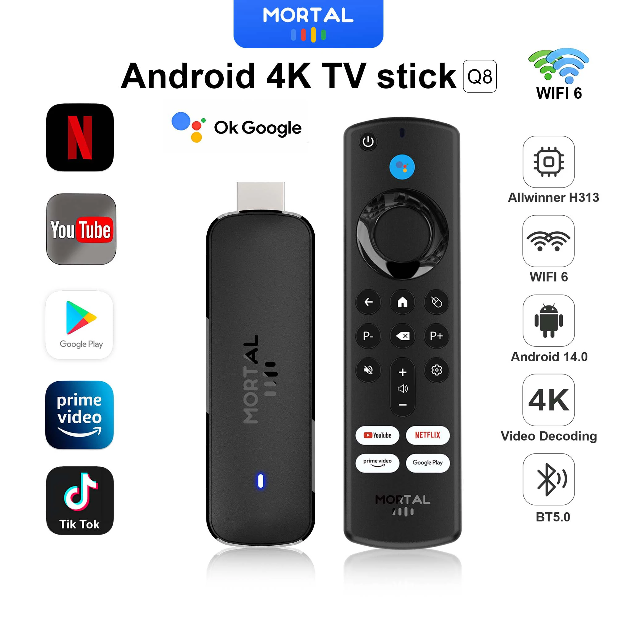 안드로이드 TV 스틱 Mortal Q8 글로벌 버전 음성 리모컨 Android14 8K 4K 비디오 Wifi6 Netflix YouTube 빠른 스트리밍 TV 스틱