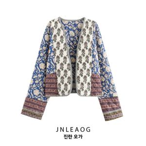JNLEAOG 패셔너블 양면 착용 프린트 퀼팅 코튼 재킷 여성용 숏 아우터 스탠다드 핏 긴소매 폴리에스터