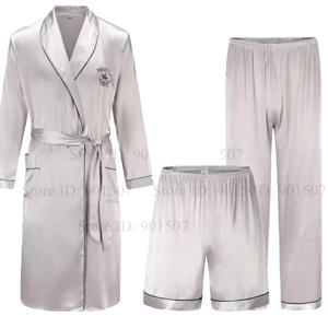 봄 가을 남성 가운 3PCS 잠옷 세트 얼음 실크 기모노 목욕 가운 가운 Loungewear 느슨한 캐주얼 새틴 Homewear Nightwear 3XL