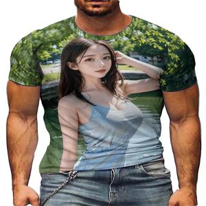 귀여운 소녀 3D 프린트 디자인이 있는 남성 캐주얼 여름 티셔츠 - 부드러운 폴리에스테르, 라운드 넥, 반소매, 올 시즌 컴포트