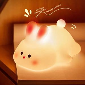 귀여운 큰 얼굴 토끼 실리콘 수면등 - 터치 센서 LED 램프 타이머 기능 포함 - 충전식 탭 컨트롤 LED 램프 (아이들 침실용)