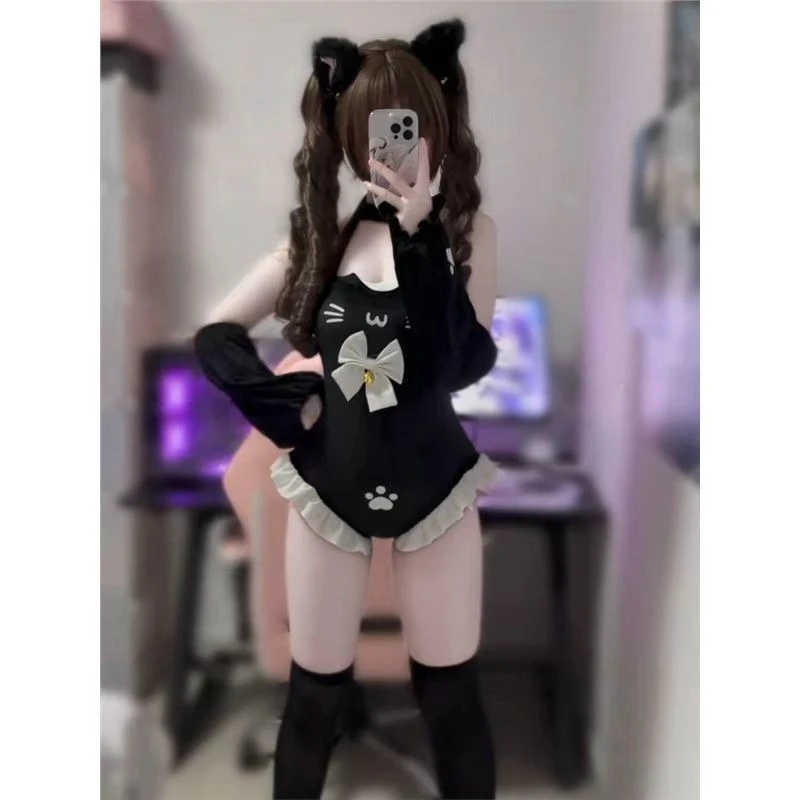 일본 고양이 카와이 벨&리본 장식 원피스 + 팔토시 귀여운 홀터넥 바디콘 섹시 핫걸 레이스 트림 세트 봄 여름