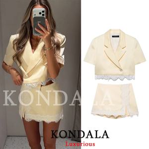 KONDALA 캐주얼 옐로우 솔리드 슈트 V 넥 반팔 싱글 버튼 짧은 블레이저 레이스 스커트 반바지 패션 2026 여름 오피스 세트